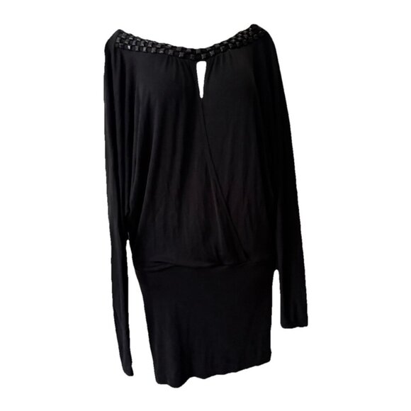 VTG Y2K 90s BeBe Black Silk Stretch Deep V Beaded Accents Bodycon Dress Small - Picture 1 of 2